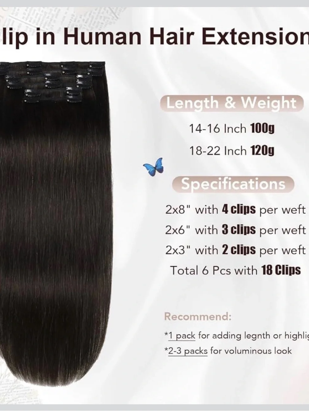 XD HAIR Black Straight Clip-In Extensions - 6 Pieces for Instant Length